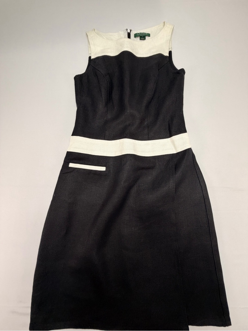 Lauren Ralph Lauren Dress Womens 4 Black Ivory Linen Sleeveless Colorblock